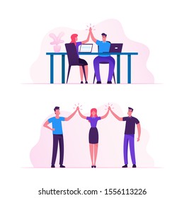 Business Colleagues Giving Highfive in Office Male and Female Businesspeople Characters Rejoice for Good Job they did, Successful Project Deal Victory Goal Achievement. Flat Vector Illustration