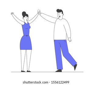 Business Colleagues Giving Highfive in Office. Businesspeople Rejoice for Good Job, Successful Project, Victory Goal Achievement. Man and Woman Beating Hands. Flat Vector Illustration, Line Art