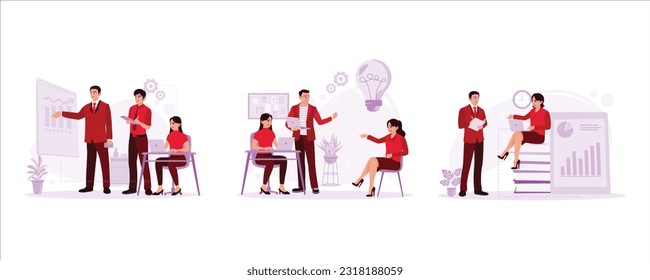 Business colleagues have a conference in the meeting room, discussing, expressing opinions, and looking for strategies. Trend modern vector flat illustration.