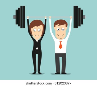 Business colleagues holding a heavy barbell above heads for teamwork or partnership business concept design. Cartoon flat style