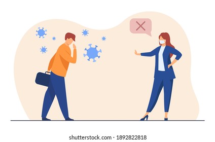 Business colleagues keeping social distance. Covid infected person, meeting in mask. Flat vector illustration. Coronavirus, epidemic concept for banner, website design or landing web page