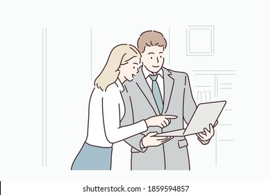 Business colleagues looking at tablet in office. Hand drawn style vector design illustrations.