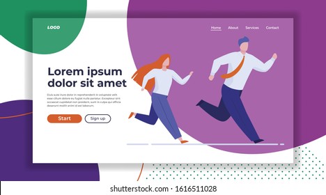 Business colleagues race. Man and woman in office suits running together flat vector illustration. Competition, leadership, rivals concept for banner, website design or landing web page