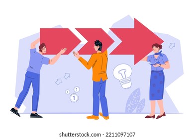 Compañeros de negocios que participan en proyectos colaborativos, ilustración vectorial plana aislada en fondo blanco. Elección colegiada de la dirección de desarrollo de negocios o concepto de trabajo en equipo.