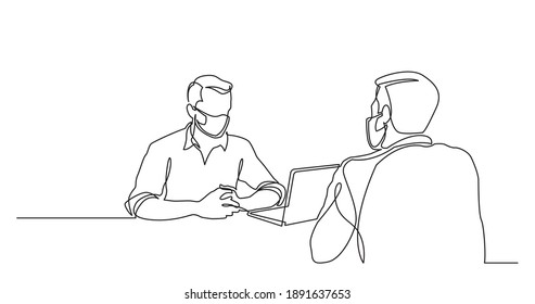 Business Colleagues Wearing Face Masks Meeting - One Line Drawing