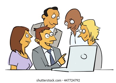 Business colleagues working on a laptop. Cartoon style vector.