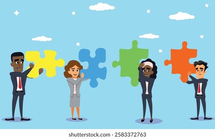 Business colleagues working as a team on a jigsaw puzzle, business professionals collaborating to complete a task concept