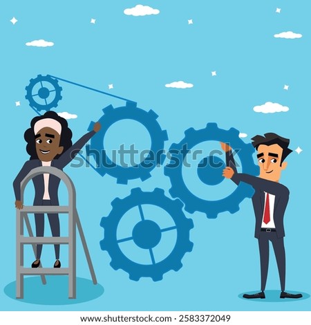 Business colleagues working as a team on a cogwheel, business professionals collaborating to complete a task concept