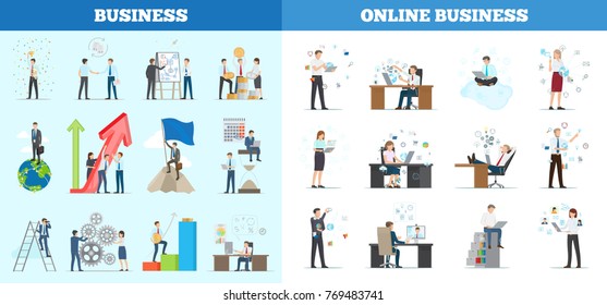 Business collection of banners with multiple icons. Isolated vector illustration of diligent employees carrying out their duties and working online