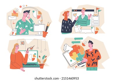 Business collection with men and women managing workflow and communicating with colleagues. Banners set for various business topics, flat vector illustration isolated on white background. - Shutterstock ID 2151460953