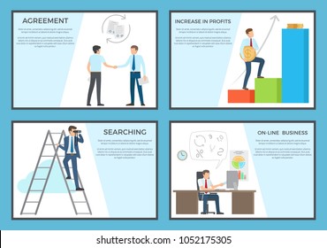 Business collection posters vector illustration of men striking deal, adult males going up chart stairs, standing on ladder and working in office