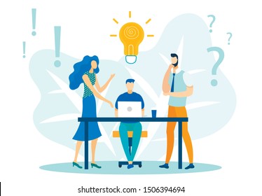 Business Collegues Working at Office Flat Cartoon Vector Illustration. Man Sitting at Desk with Laptop. Office Workers Discussing Project. Brainstorming or Generating new Idea in Team.