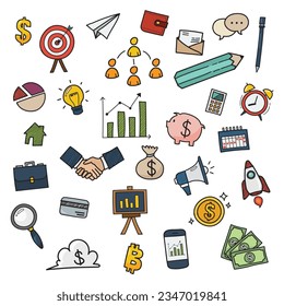 Business color icons doodle hand drawn. Vector illustration