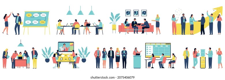 Business color set with isolated icons of workers characters having meetings brainstorms shaking hands working together vector illustration