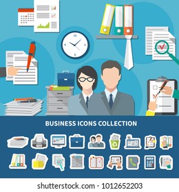 Business colored items icon set with elements of office work and tools vector illustration