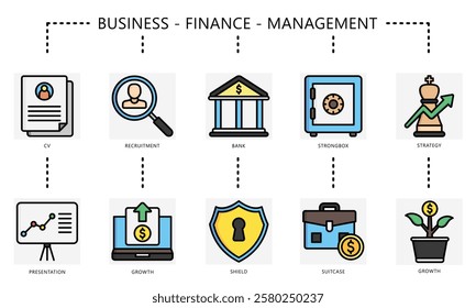 Business colored outline set. Contain CV, recruitment, presentation, growth, bank, box, suitcase, strategy and more. use for UI, UX, app and web development, digital, print. For financial, management