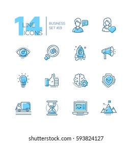 Business - colored vector modern single line icons set. Man, woman, eye, magnifying glass, hourglass, laptop, brain, ok symbol, mountain, speaker, spaceship.