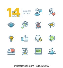 Business - colored vector modern single line icons set. Man, woman, eye, magnifying glass, hourglass, laptop, brain, ok symbol, mountain, speaker, spaceship.