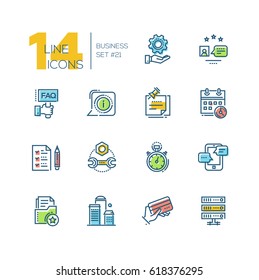 Business - colored vector modern single line icons set. Gear, faq, message, calendar, clip note, building, drive, timer, tablet, checklist, credit card.