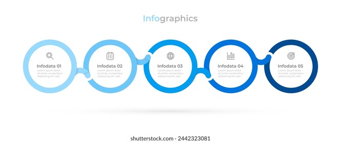 Business colorful blue infographic with 5 connected circles with marketing icons. Vector illustration.