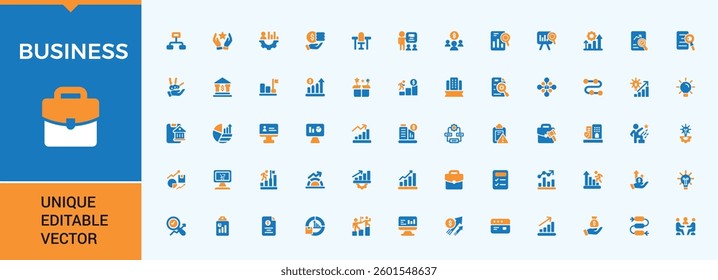 Business colorful icon collection. Related to graph, company, team, obligation, professional and more. UI icons set in a flat style. Commerce solid icon set. Vector illustration.
