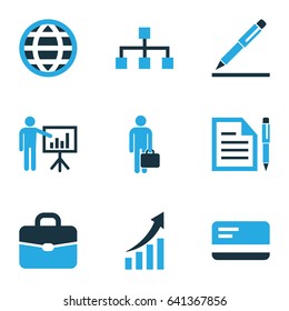 Business Colorful Icons Set. Collection Of Contract, Portfolio, Document With Pen And Other Elements. Also Includes Symbols Such As Network, Card, Agreement.