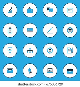 Business Colorful Icons Set. Collection Of Dialog, Document With Pen, Whiteboard And Other Elements. Also Includes Symbols Such As Arrow, Suitcase, Network.