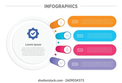Business Colorful Infographics template. 4 steps rounded timeline with options and marketing icons .Vector rounded infographic with four circle connected elements. Design can be use for presentation.