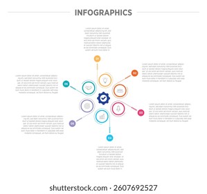 Business Colorful Infographics template. 6 steps rounded timeline with options and marketing icons .Vector rounded infographic with six circle connected elements. Design can be use for presentation.