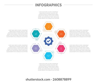 Business Colorful Infographics template. 6 steps rounded timeline with options and marketing icons .Vector rounded infographic with six Hexagon connected elements. Design can be use for presentation.