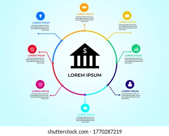 Business colorful infographics template with 8 steps and icons for presentations, website, marketing tools