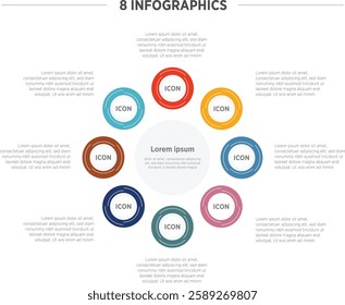 Business Colorful Infographics template. 8 steps rounded timeline with options and marketing icons .Vector rounded infographic with eight circle connected elements. Design can be use for presentation.