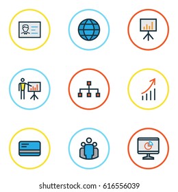 Business Colorful Outline Icons Set. Collection Of World, Team, Financial Profit And Other Elements. Also Includes Symbols Such As Badge, Document, Network.