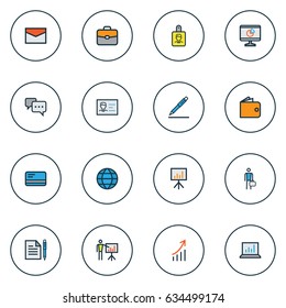 Business Colorful Outline Icons Set. Collection Of Id Badge, Bank Cash, Identification Document And Other Elements. Also Includes Symbols Such As Portfolio, Data, Message.