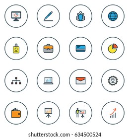 Business Colorful Outline Icons Set. Collection Of Report Demonstration, Pie Chart, Administrator And Other Elements. Also Includes Symbols Such As Structure, Team, Demonstration.