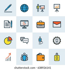 Business Colorful Outline Icons Set. Collection Of Identification Document, Administrator, Portfolio And Other Elements. Also Includes Symbols Such As Chart, Briefcase, Badge.
