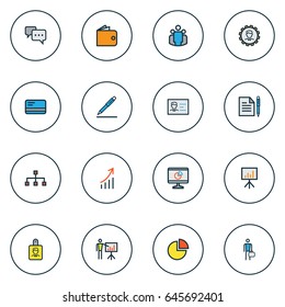 Business Colorful Outline Icons Set. Collection Of Circle Stats, Bank Cash, Conversation And Other Elements. Also Includes Symbols Such As Card, Purse, Diagram.