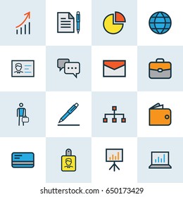 Business Colorful Outline Icons Set. Collection Of Bank Cash, Purse, Circle Stats And Other Elements. Also Includes Symbols Such As Document, Network, Pie.