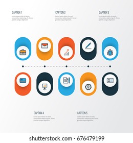 Business Colorful Outline Icons Set. Collection Of Billboard Presentation, Portfolio, Pencil And Other Elements. Also Includes Symbols Such As Administrator, Document, Portfolio.