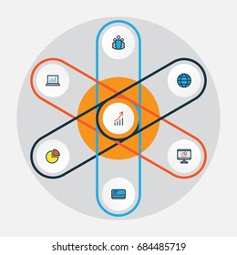 Business Colorful Outline Icons Set. Collection Of Computer Analytics, Financial Profit, Pie Chart And Other Elements. Also Includes Symbols Such As Statistics, Cash, Planet.