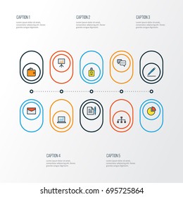 Business Colorful Outline Icons Set. Collection Of Network, Pencil, Conversation And Other Elements. Also Includes Symbols Such As Computer, Presentation, Contract.