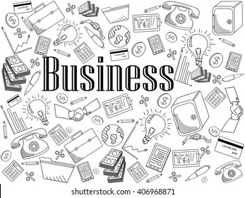 Business coloring book line art design vector illustration. Separate objects. Hand drawn doodle design elements.