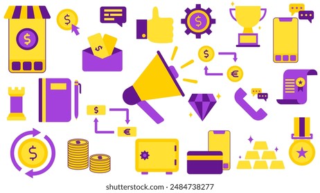 Business Commerce Elements - Store Coin Chat Like System Economy Trophy Smartphone Chess Notebook Salary Megaphone Exchange Money Cash Contract Certificate Coins Strongbox Debit Gold Medal Diamond
