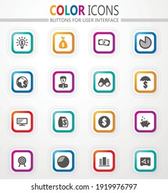 Business and commerce vector flat button icons with colored outline and shadow