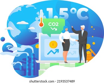 Business commitment to reduce carbon emission and limit global warming to 1.5 degree celsius. Green economy and environment, vector illustration. Businessman invest money to sustainable business