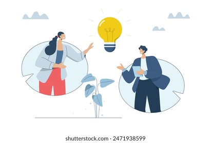 Business communication about new ideas, Analyzing idea to solve and improve business, Generating concept to solve problems, Business men and women are discussing business guidelines, Vector design.