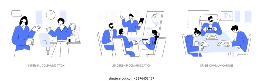 Business communication abstract concept vector illustration set. Internal communication, corporate leadership thinking, anticrisis strategy, business etiquette, company rules abstract metaphor.