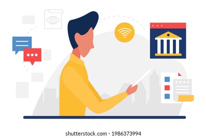 Business communication, account bank support service concept vector illustration. Cartoon customer man character holding mobile phone, banking call center, online messenger hotline windows icons