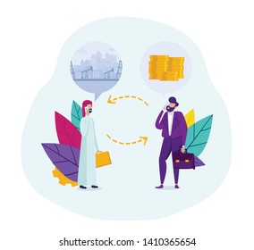 Business Communication. Arab and Caucasian Male Characters Speaking by Smartphones Discussing Deal with Oil. International Multiracial Partnership, Businesspeople. Cartoon Flat Vector Illustration