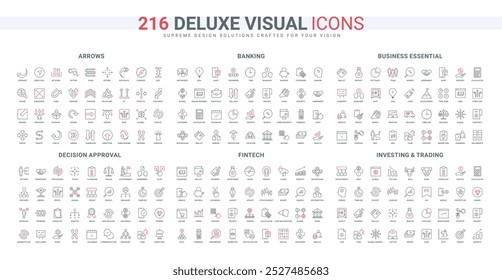 Business communication, banking and decision approval, navigation arrows line icon set. Fintech trading and investing, marketing analysis thin black and red outline symbols vector illustration